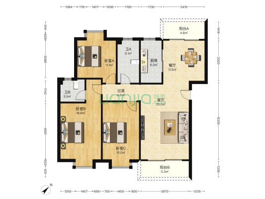 龍寶豪庭 3室2厅2卫 129平方