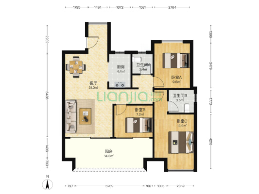 煌盛观云 3室1厅2卫 108平方