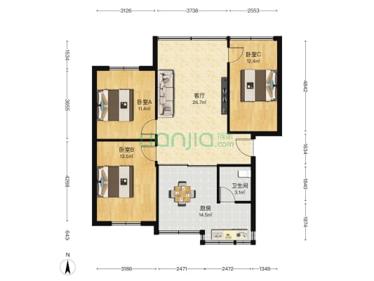 三医宿舍 3室1厅1卫 91平方