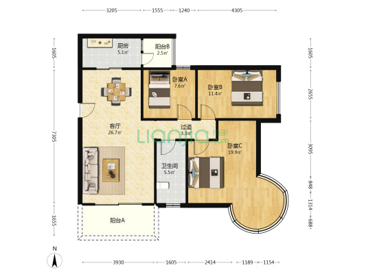 四洲安邑家园 3室1厅1卫 105平方