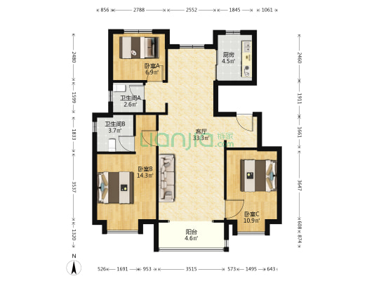 上锦竹园 3室1厅2卫 108平方
