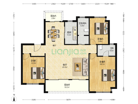 星湖澜悦长风 3室1厅2卫 133平方