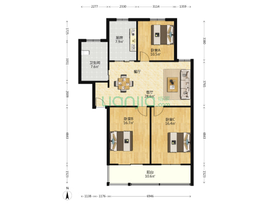 锦绣花苑 3室1厅1卫 117平方