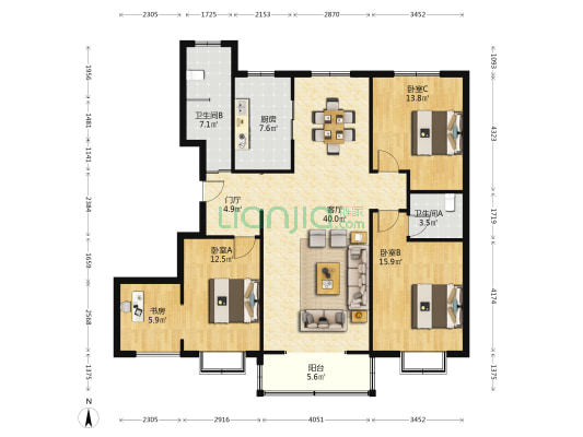莲河家园 4室1厅2卫 151平方