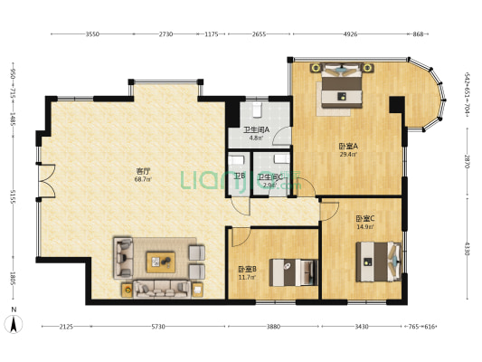学院大厦 3室1厅3卫 178平方