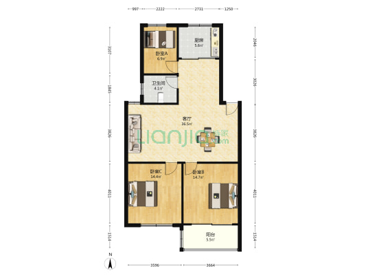 西苑新村 3室1厅1卫 106平方