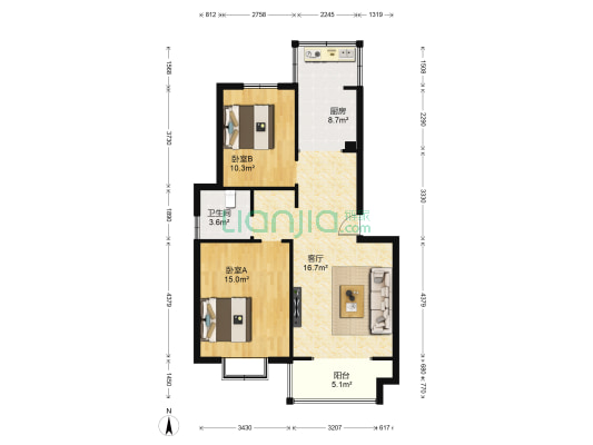 华美和园二期 2室2厅1卫 90平方
