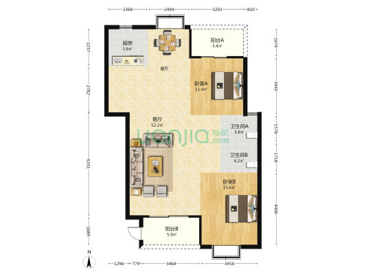 滨海望郡 2室1厅2卫 124平方