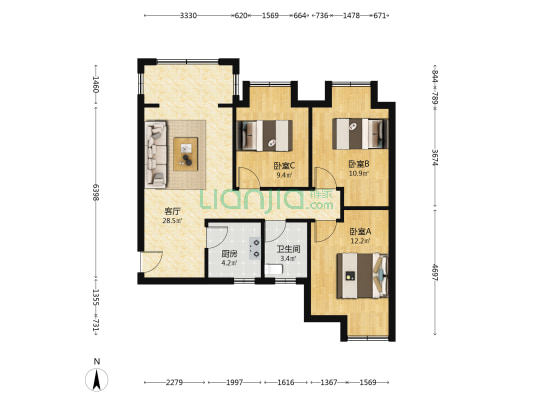 金域蓝湾B区 3室1厅1卫 93平方
