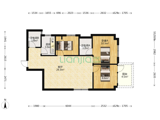 帝威大厦 3室1厅2卫 103平方