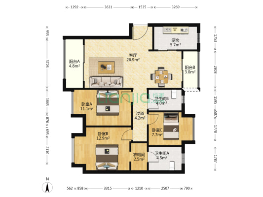 合景誉峰一期 3室1厅2卫 115平方