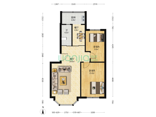54街区 2室2厅1卫 86平方