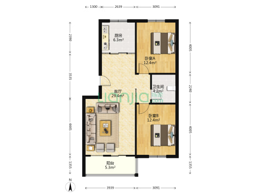皇庭苑 2室1厅1卫 84平方