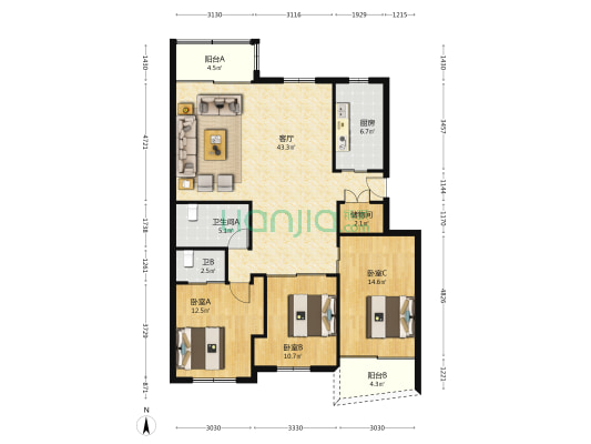 长虹花园 3室1厅2卫 128平方