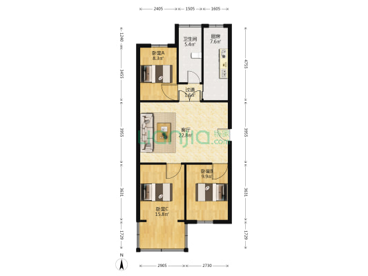 健康路56号 3室1厅1卫 83平方
