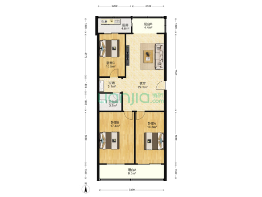 亚新美好新苑 3室1厅1卫 108平方