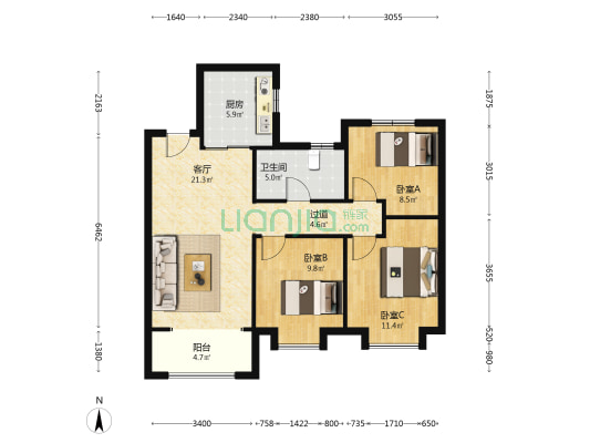 万科紫院 3室1厅1卫 102平方