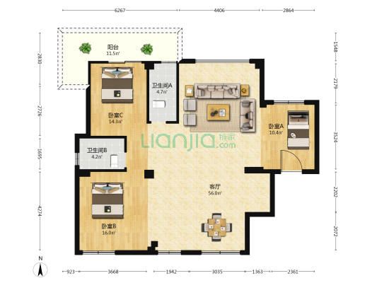 七里港阳光公寓 3室1厅2卫 138平方