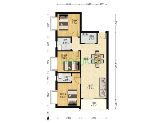 裕昌园 3室1厅2卫 80平方