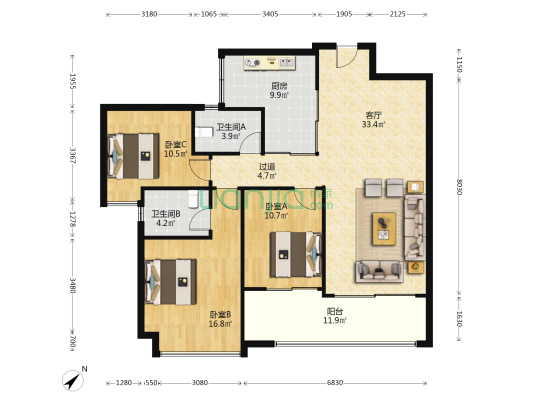 都湖国际 3室1厅2卫 127平方
