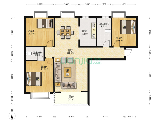 书香水岸清华城 3室1厅2卫 129平方