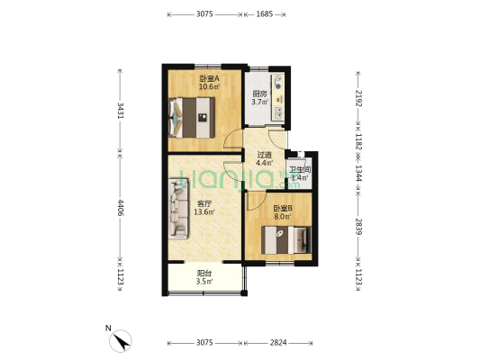 拐枣树街2号 2室1厅1卫 54平方