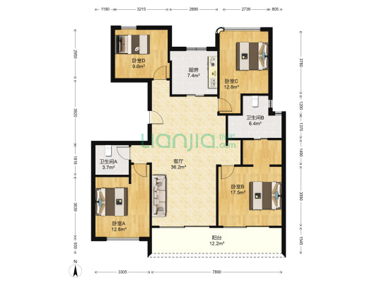 玉润钱潮府 4室1厅2卫 150平方