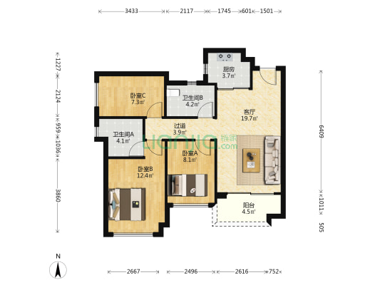 星汇城 3室1厅2卫 88平方