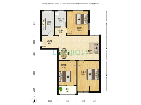 佰仕苑 3室1厅1卫 107平方