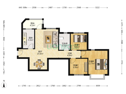 恒大广场C区 3室1厅1卫 91平方