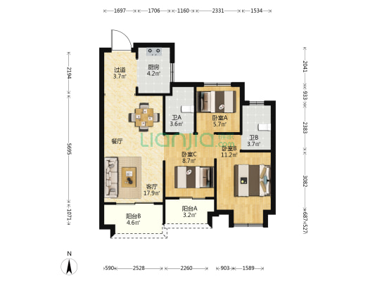 幸福里 3室1厅2卫 89平方