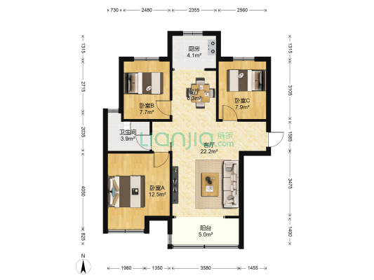 白云佳苑 3室2厅1卫 105平方