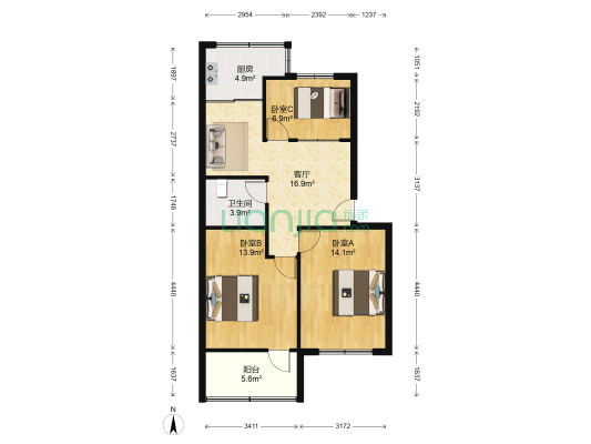 木浪路223号 3室1厅1卫 86平方