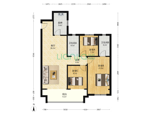 正商新瑞华府 3室1厅2卫 122平方