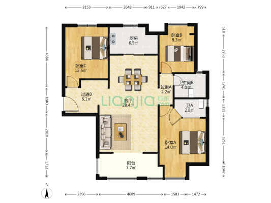 沿海翡丽公馆B区 3室1厅2卫 126平方