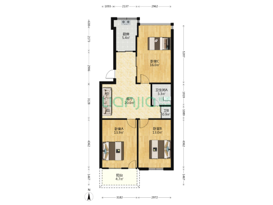 福建省儒江戒毒所干警宿舍 3室1厅2卫 78平方