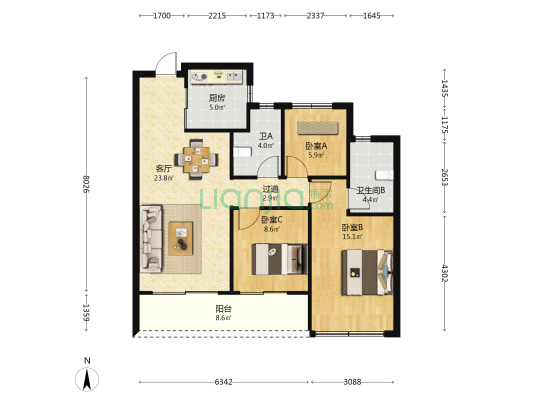 中天云咏汀洲府 3室1厅2卫 97平方