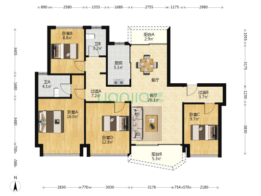 华发天茂国际半岛 4室1厅2卫 126平方