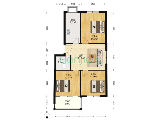 邙山三建家属院 3室1厅1卫 89平方