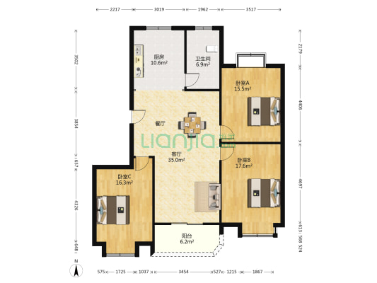 东郊花苑 3室1厅1卫 133平方