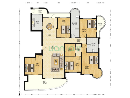 东方一品公寓 5室1厅2卫 231平方