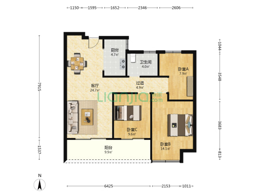 绿城·柳岸晓风 3室1厅1卫 100平方