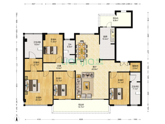 碧桂园中俊天玺 4室1厅3卫 190平方