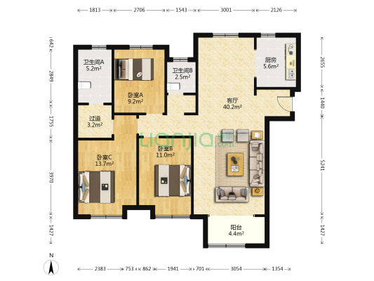 泰悦盛景 3室1厅2卫 135平方