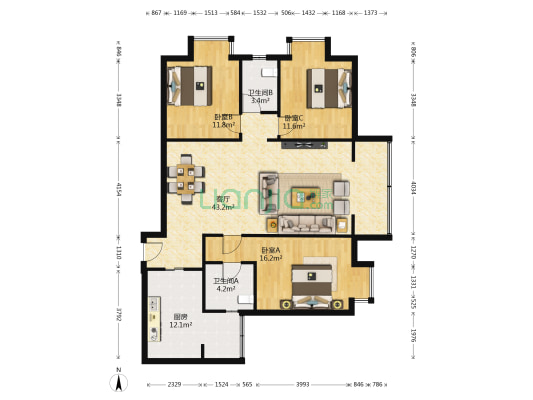 福城家园 3室1厅2卫 123平方