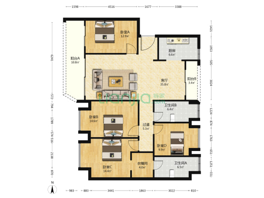云麓台二组团 4室1厅2卫 151平方