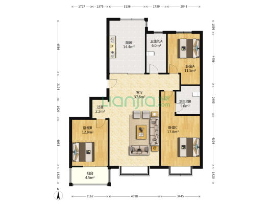 江南花园六期 3室1厅2卫 133平方