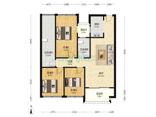 朗庭 3室1厅2卫 88平方