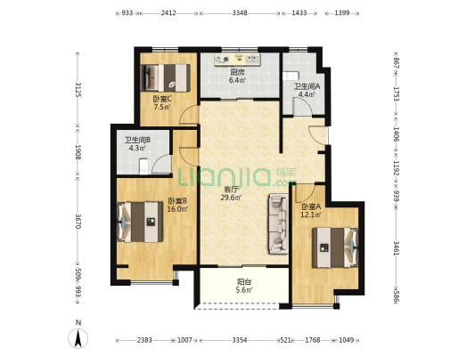 圣桦宝龙世家 3室1厅2卫 107平方