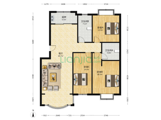 明泉花园 3室1厅2卫 148平方